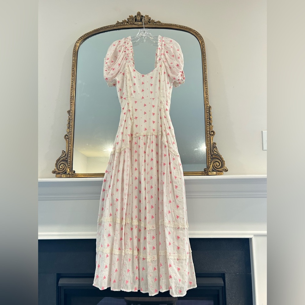 LoveShackFancy White Pink Maxi Puff Sleeve Dress